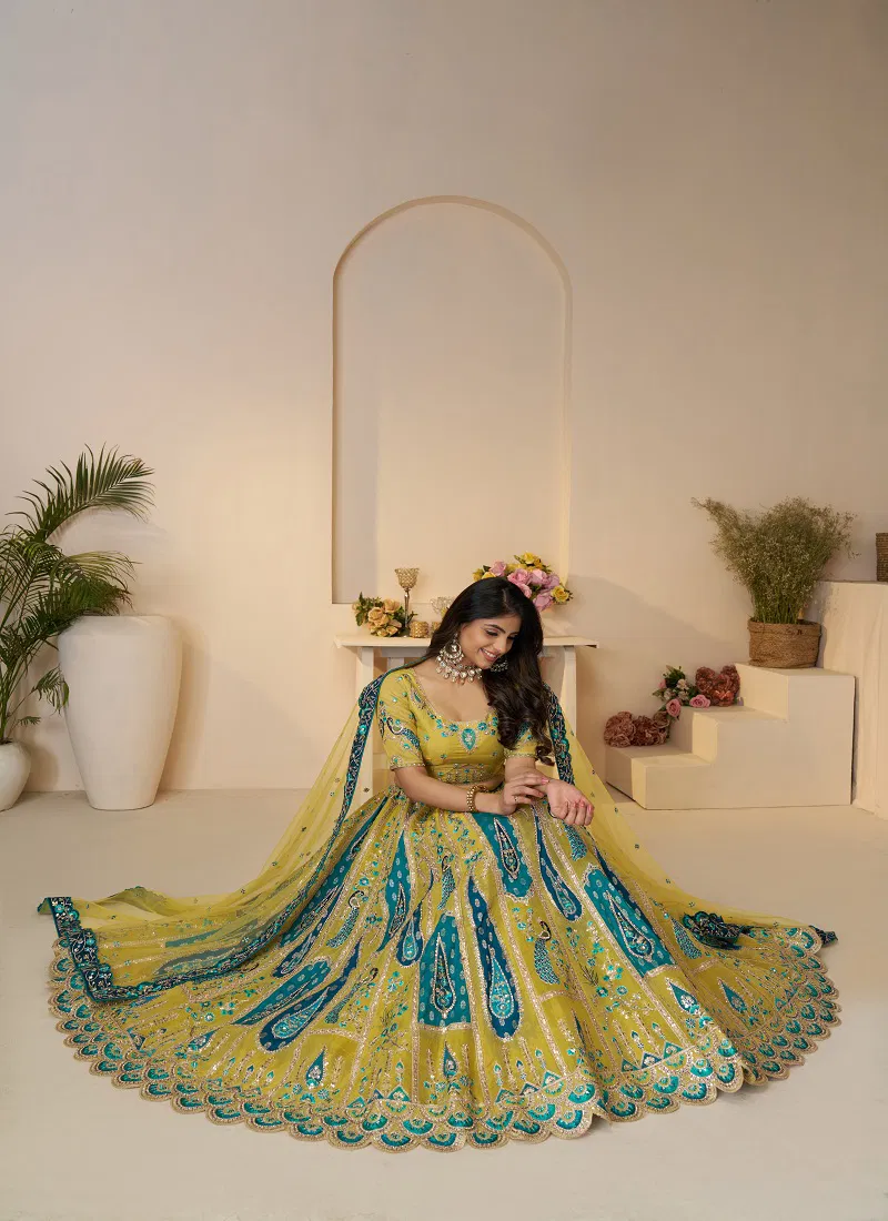 Kf 484 Yellow Banarasi Silk Embroidered Lehenga Choli Exporters In India